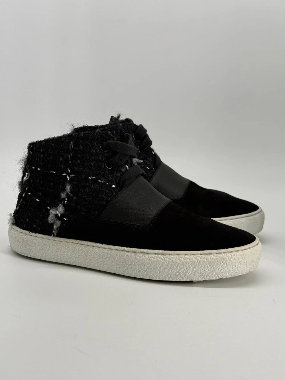 Chanel Black Suede Tweed Mid Top Lace-Up Sneakers Size 6.5